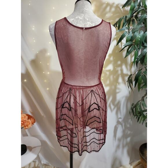 Free People Sheer Mesh Beaded Mini Embellished Slip Dress In Plum Size S Flapper - Picture 5 of 15